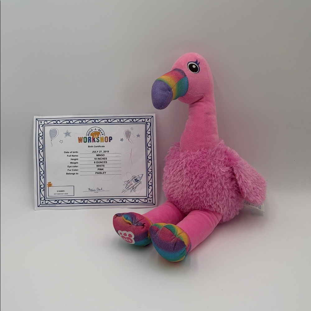 Build A Bear Pink Flamingo Plush Rainbow Beak 18” w/ Birth Certificate